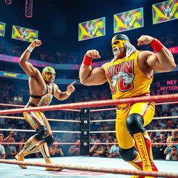 A high-energy wrestling match scene featuring Hulk Hogan and Rey Mysterio in an exhilarating wrestling ring