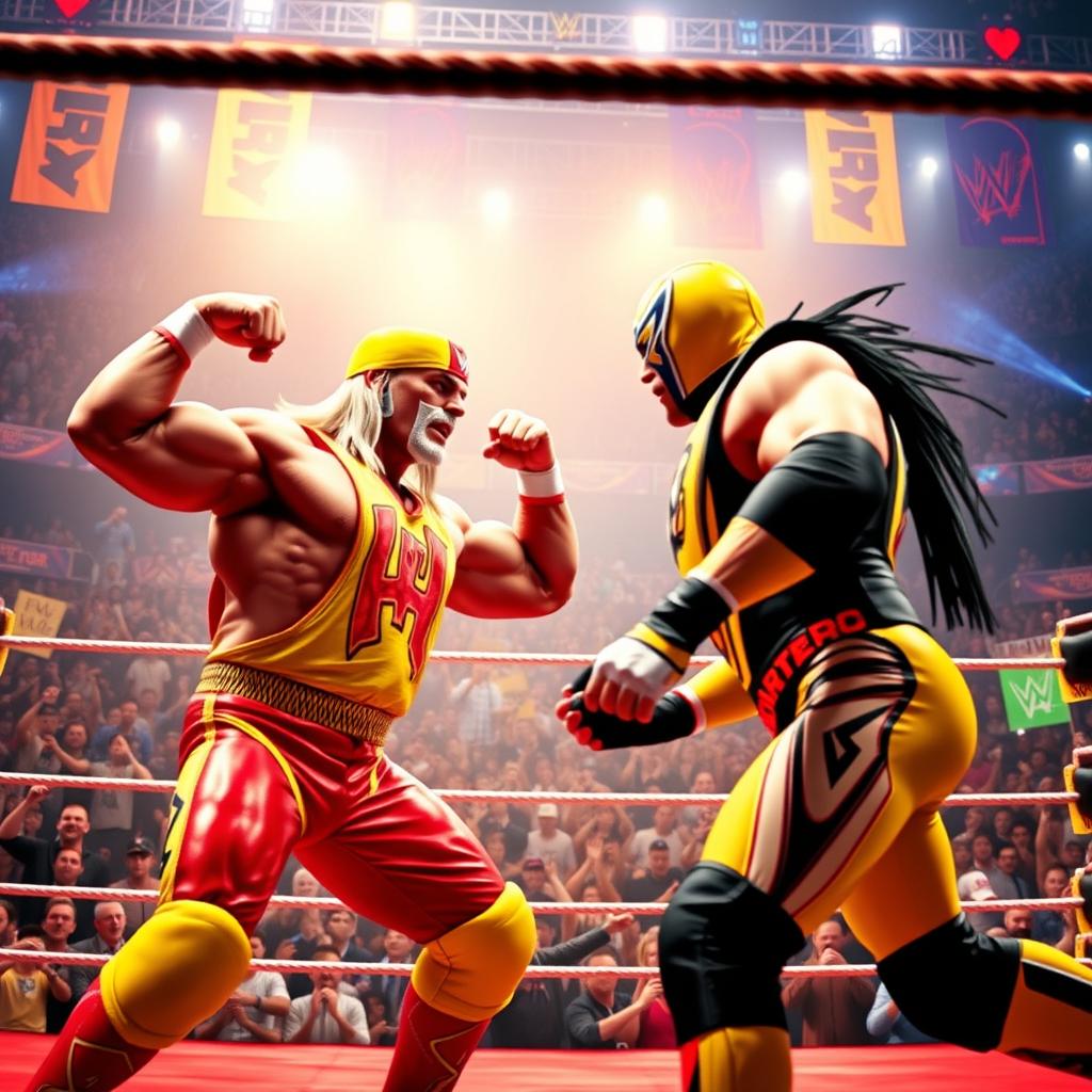 A high-energy wrestling match scene featuring Hulk Hogan and Rey Mysterio in an exhilarating wrestling ring