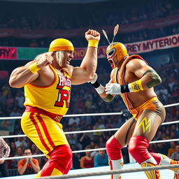 A high-energy wrestling match scene featuring Hulk Hogan and Rey Mysterio in an exhilarating wrestling ring