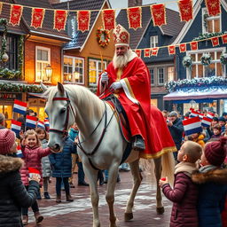 A traditional Dutch Sinterklaas celebration scene, featuring Sinterklaas dressed in a red bishop's robe and a mitre, riding a beautiful white horse through a charming town square decorated with festive lights and colorful banners
