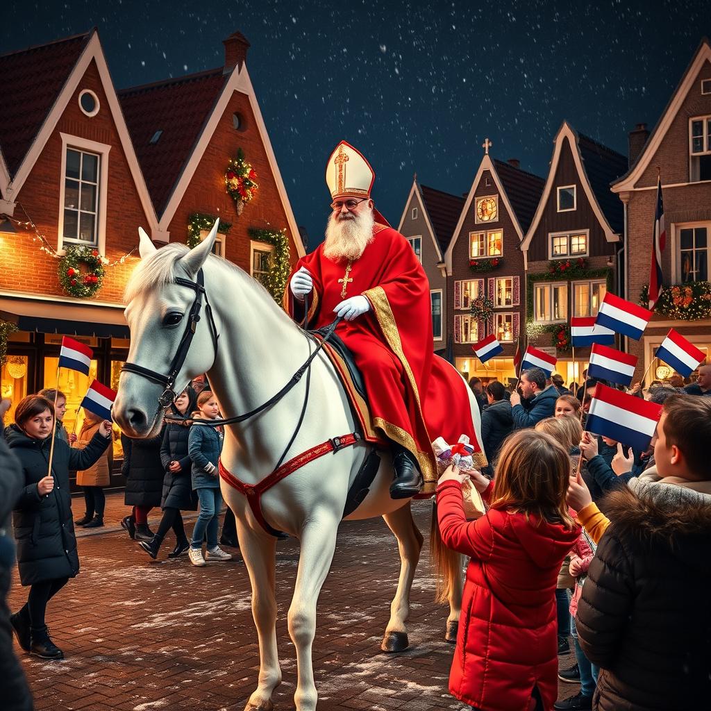 A traditional Dutch Sinterklaas celebration scene, featuring Sinterklaas dressed in a red bishop's robe and a mitre, riding a beautiful white horse through a charming town square decorated with festive lights and colorful banners