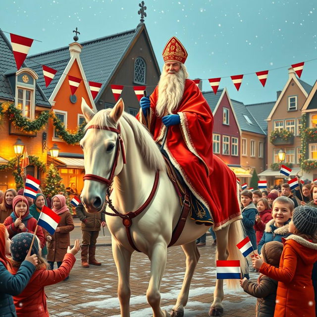 A traditional Dutch Sinterklaas celebration scene, featuring Sinterklaas dressed in a red bishop's robe and a mitre, riding a beautiful white horse through a charming town square decorated with festive lights and colorful banners