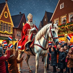 A traditional Dutch Sinterklaas celebration scene, featuring Sinterklaas dressed in a red bishop's robe and a mitre, riding a beautiful white horse through a charming town square decorated with festive lights and colorful banners