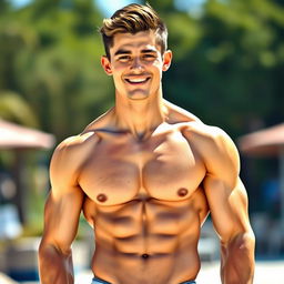 A handsome young man with a well-defined muscular physique, showcasing his toned abs and broad shoulders