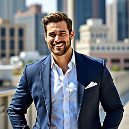 A stylish man wearing a beautiful casual suit, exhibiting a confident and relaxed demeanor