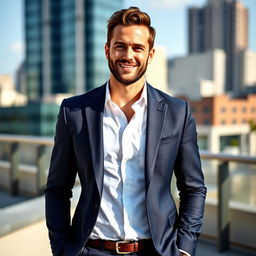 A stylish man wearing a beautiful casual suit, exhibiting a confident and relaxed demeanor