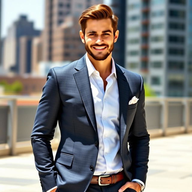 A stylish man wearing a beautiful casual suit, exhibiting a confident and relaxed demeanor