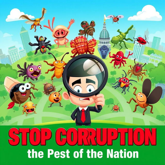 An eye-catching poster advocating to "Stop Corruption, the Pest of the Nation" designed in a vibrant animation style