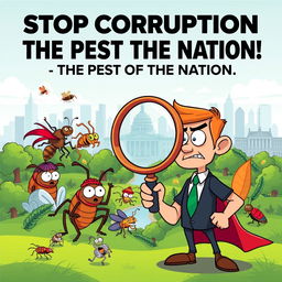 An eye-catching poster advocating to "Stop Corruption, the Pest of the Nation" designed in a vibrant animation style