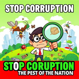 An eye-catching poster advocating to "Stop Corruption, the Pest of the Nation" designed in a vibrant animation style