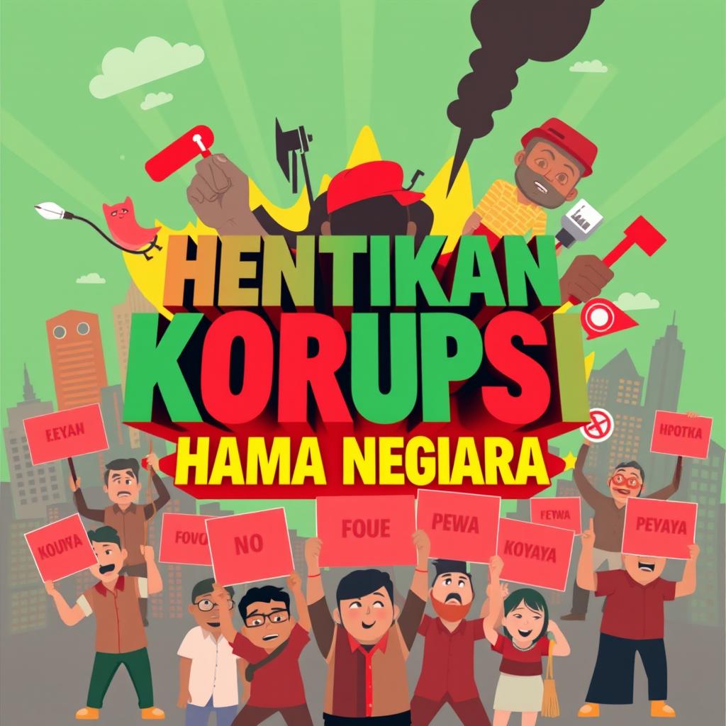 A vibrant and striking animated poster emphasizing the message 'Hentikan Korupsi - Hama Negara'