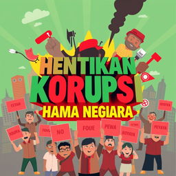 A vibrant and striking animated poster emphasizing the message 'Hentikan Korupsi - Hama Negara'