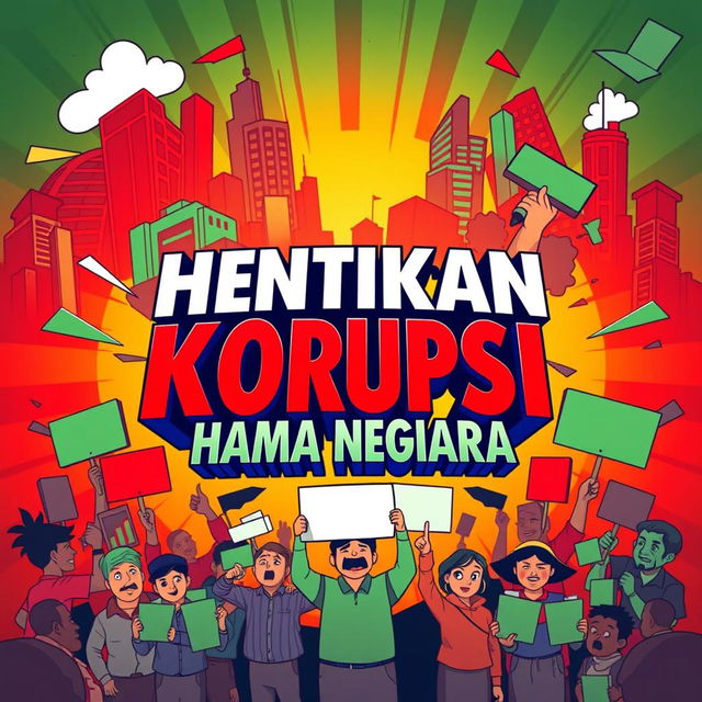 A vibrant and striking animated poster emphasizing the message 'Hentikan Korupsi - Hama Negara'