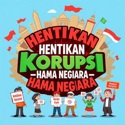 A vibrant and striking animated poster emphasizing the message 'Hentikan Korupsi - Hama Negara'