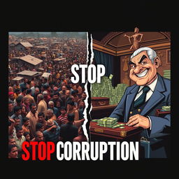A powerful poster titled 'Stop Corruption' divided into two contrasting sides