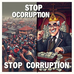 A powerful poster titled 'Stop Corruption' divided into two contrasting sides