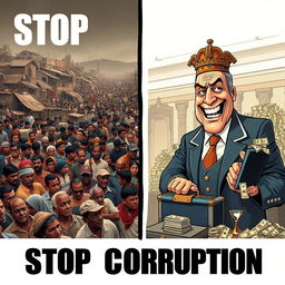 A powerful poster titled 'Stop Corruption' divided into two contrasting sides