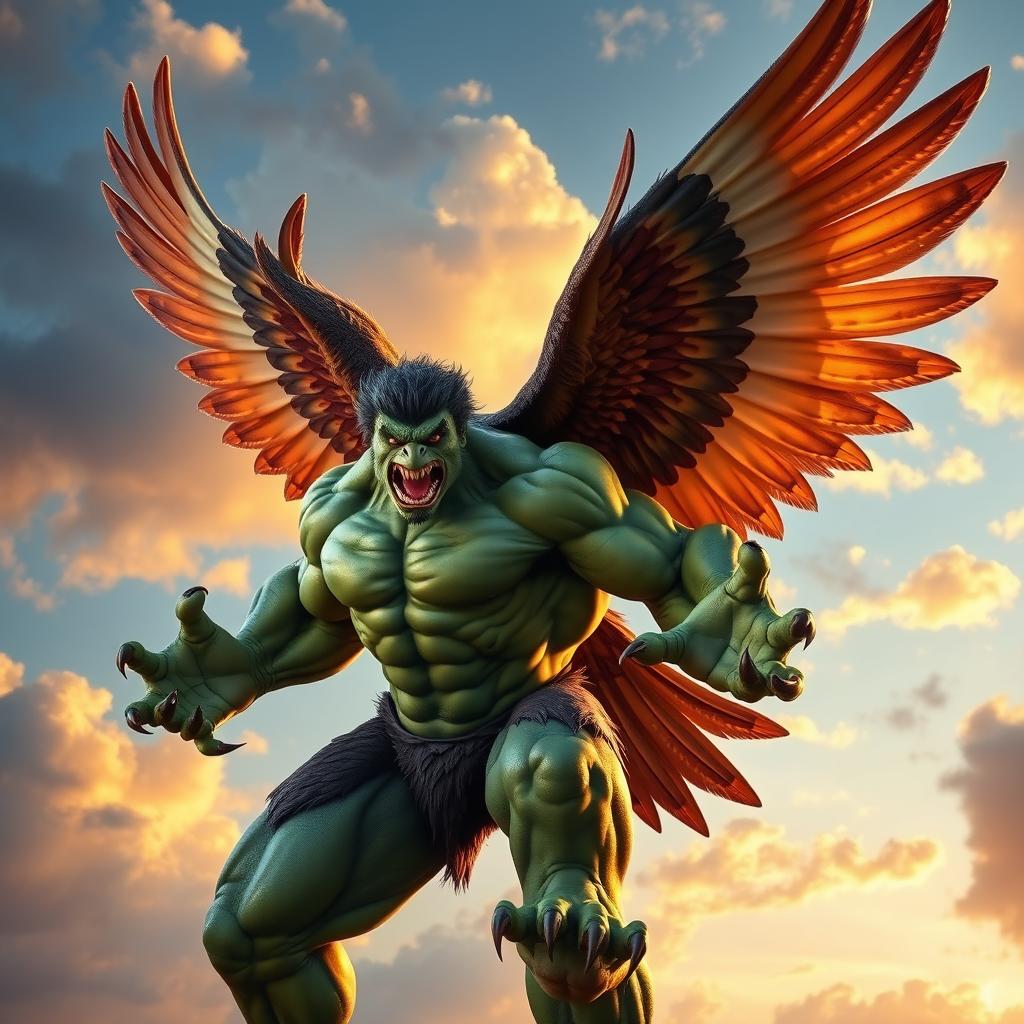 A dynamic and powerful creature that combines elements of the Hulk and an eagle, featuring a muscular green humanoid body reminiscent of the Hulk with exaggerated features, veins popping, and a fierce expression