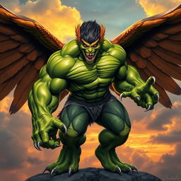 A dynamic and powerful creature that combines elements of the Hulk and an eagle, featuring a muscular green humanoid body reminiscent of the Hulk with exaggerated features, veins popping, and a fierce expression