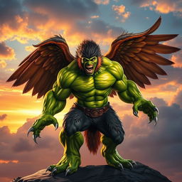 A dynamic and powerful creature that combines elements of the Hulk and an eagle, featuring a muscular green humanoid body reminiscent of the Hulk with exaggerated features, veins popping, and a fierce expression