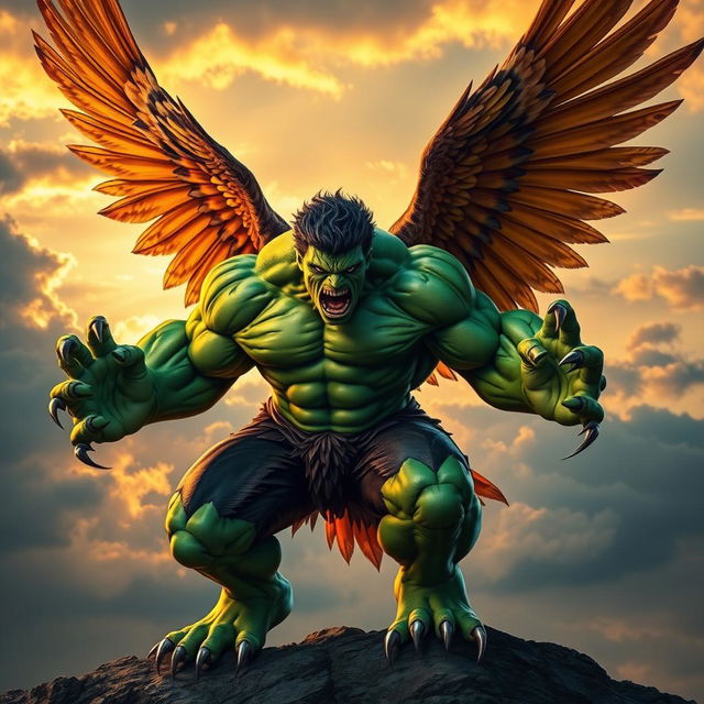 A dynamic and powerful creature that combines elements of the Hulk and an eagle, featuring a muscular green humanoid body reminiscent of the Hulk with exaggerated features, veins popping, and a fierce expression