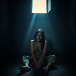 A young, beautiful woman from East Java, sitting on the floor in her dimly lit room, surrounded by an atmosphere of dread