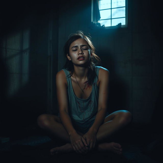 A young, beautiful woman from East Java, sitting on the floor in her dimly lit room, surrounded by an atmosphere of dread