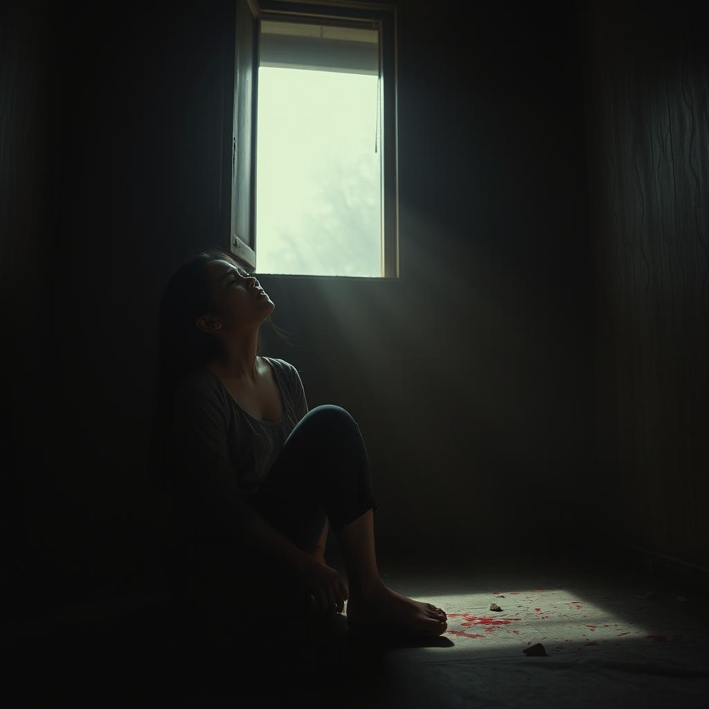 A young, beautiful woman from East Java, sitting on the floor in her dimly lit room, surrounded by an atmosphere of dread