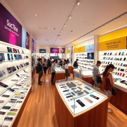 A vibrant mobile phone shop filled with the latest smartphones and accessories