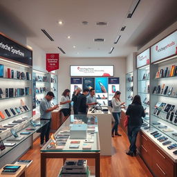 A vibrant mobile phone shop filled with the latest smartphones and accessories