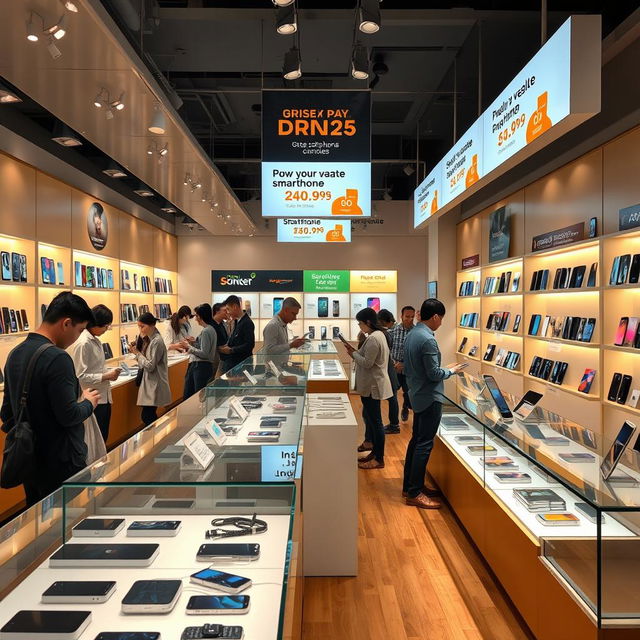 A vibrant mobile phone shop filled with the latest smartphones and accessories