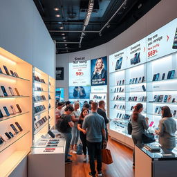 A vibrant mobile phone shop filled with the latest smartphones and accessories