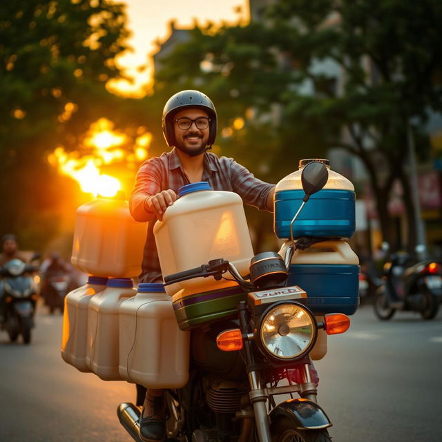 A cool scene featuring a man riding a motorcycle with multiple large water gallons stacked securely on the side and back of his bike