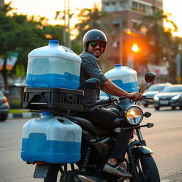 A cool scene featuring a man riding a motorcycle with multiple large water gallons stacked securely on the side and back of his bike