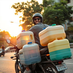 A cool scene featuring a man riding a motorcycle with multiple large water gallons stacked securely on the side and back of his bike