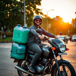 A cool scene featuring a man riding a motorcycle with multiple large water gallons stacked securely on the side and back of his bike