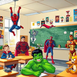 A vibrant classroom scene filled with various iconic superheroes and cartoon characters happily interacting