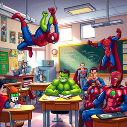A vibrant classroom scene filled with various iconic superheroes and cartoon characters happily interacting