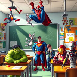 A vibrant classroom scene filled with various iconic superheroes and cartoon characters happily interacting