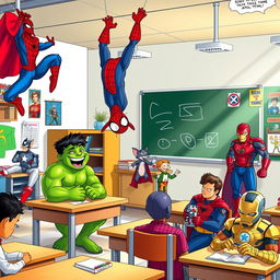 A vibrant classroom scene filled with various iconic superheroes and cartoon characters happily interacting