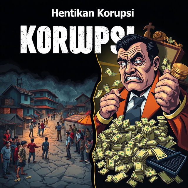 A powerful poster illustrating the theme of anti-corruption, featuring two contrasting sides