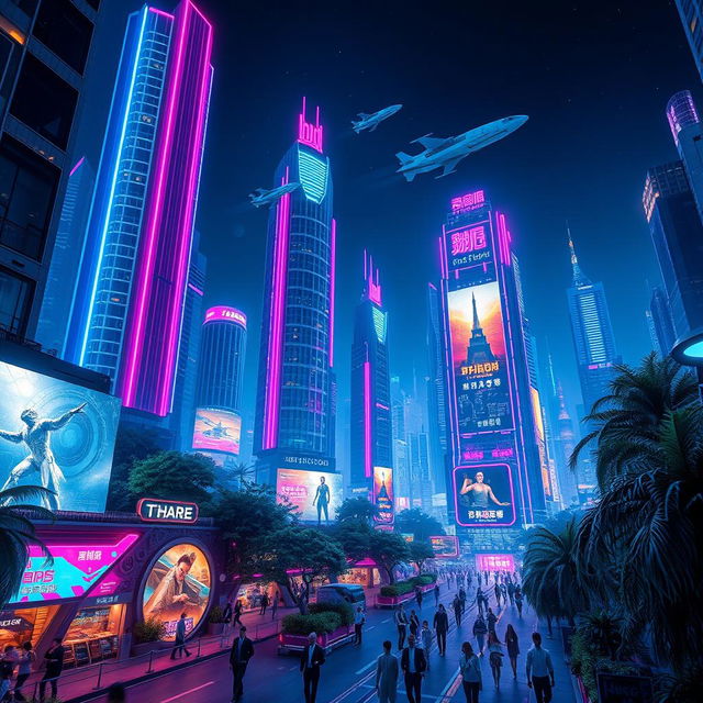 A breathtaking futuristic neon cityscape at night, filled with tall skyscrapers that glow with vibrant neon lights in shades of blue, pink, and violet