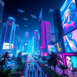 A breathtaking futuristic neon cityscape at night, filled with tall skyscrapers that glow with vibrant neon lights in shades of blue, pink, and violet