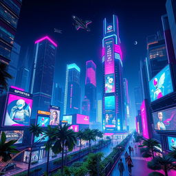 A breathtaking futuristic neon cityscape at night, filled with tall skyscrapers that glow with vibrant neon lights in shades of blue, pink, and violet