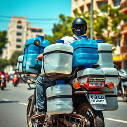 A vibrant scene depicting a man riding a motorcycle loaded with 30 large 19-liter water gallons securely strapped to the sides and back