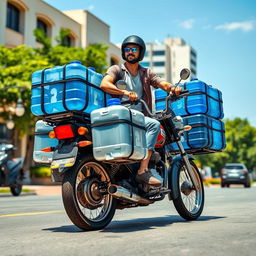 A vibrant scene depicting a man riding a motorcycle loaded with 30 large 19-liter water gallons securely strapped to the sides and back