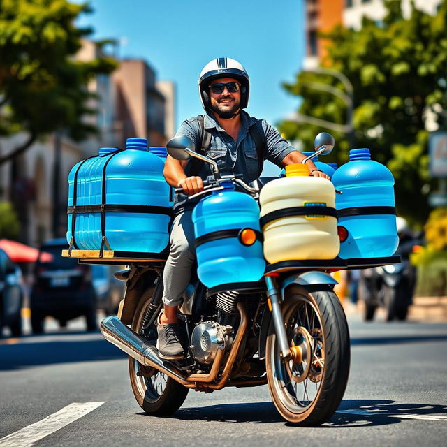 A vibrant scene depicting a man riding a motorcycle loaded with 30 large 19-liter water gallons securely strapped to the sides and back