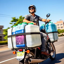 A vibrant scene depicting a man riding a motorcycle loaded with 30 large 19-liter water gallons securely strapped to the sides and back