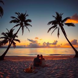 A picturesque sunset over a tranquil beach, with golden hues painting the sky and reflecting on the calm ocean waves