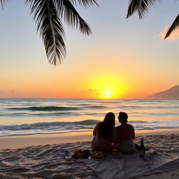 A picturesque sunset over a tranquil beach, with golden hues painting the sky and reflecting on the calm ocean waves